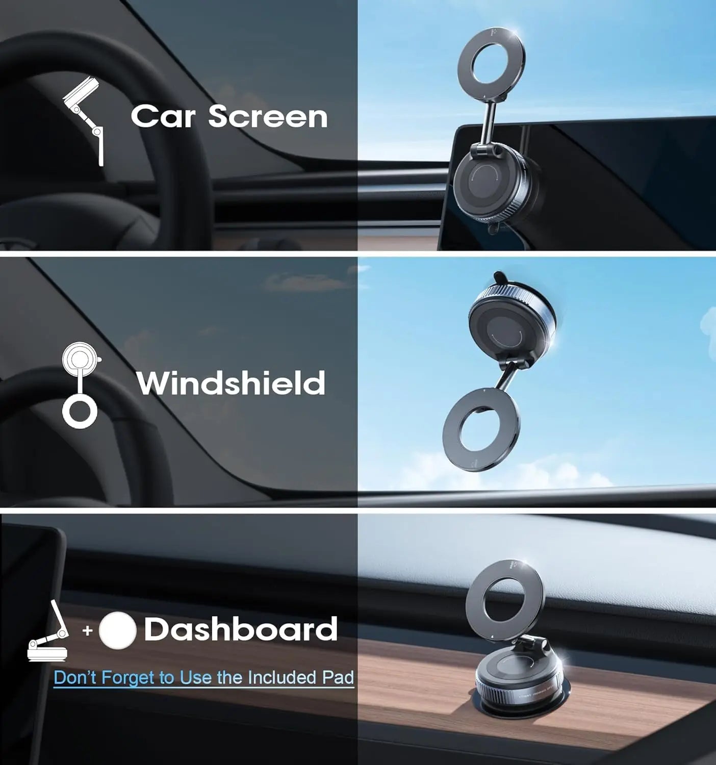 Vantik OrbitMount mounted on car dashboard, windshield, and center console